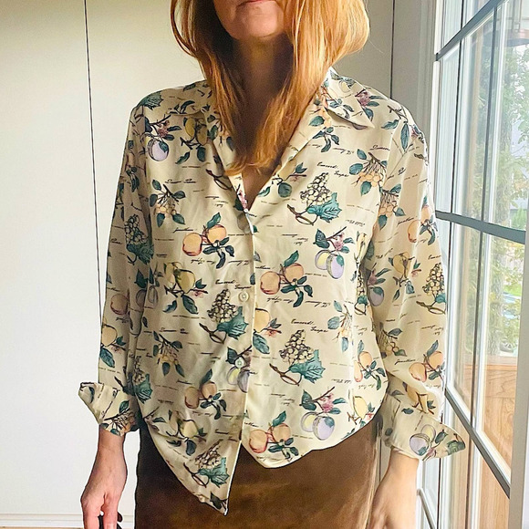 Vintage Tops - Vintage 90s Silk Blouse Fruit Print Tailored Beige Green Purple Novelty small